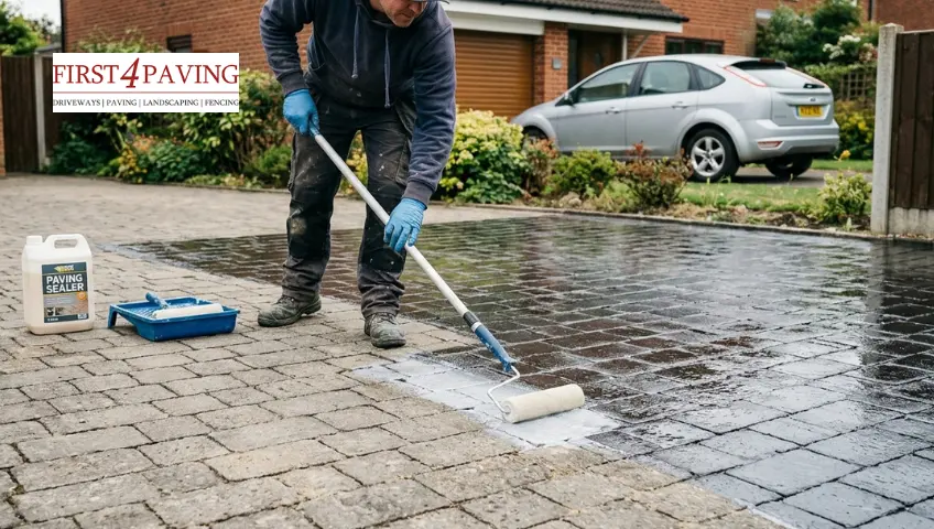 paver applying clear sealant to a block paving driveway