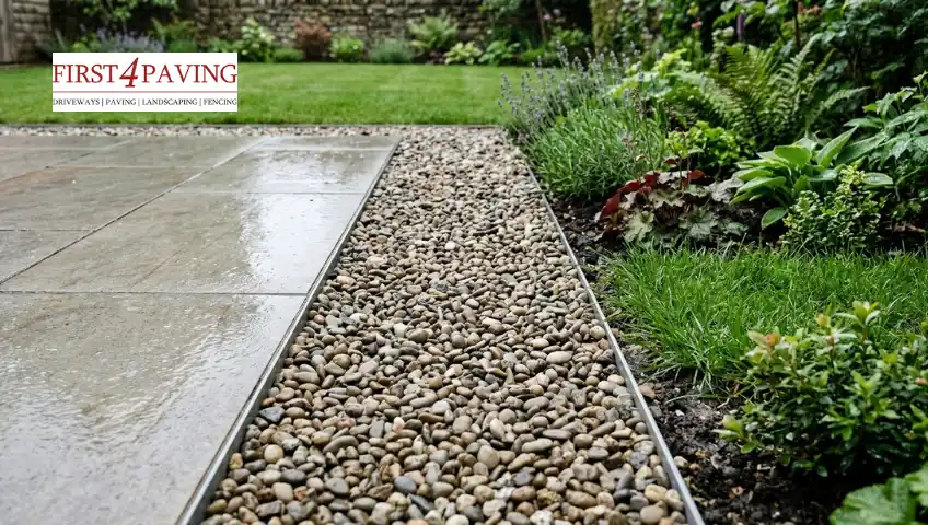 A neat gravel border with metal edging acting as a drainage channel alongside a smooth, wet stone patio