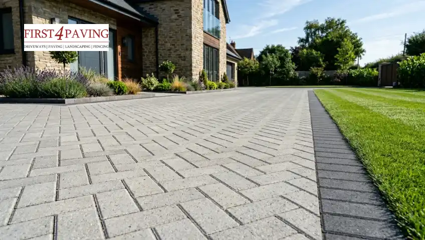 A light grey block paving driveway in a herringbone pattern features a contrasting dark charcoal border alongside a green lawn.