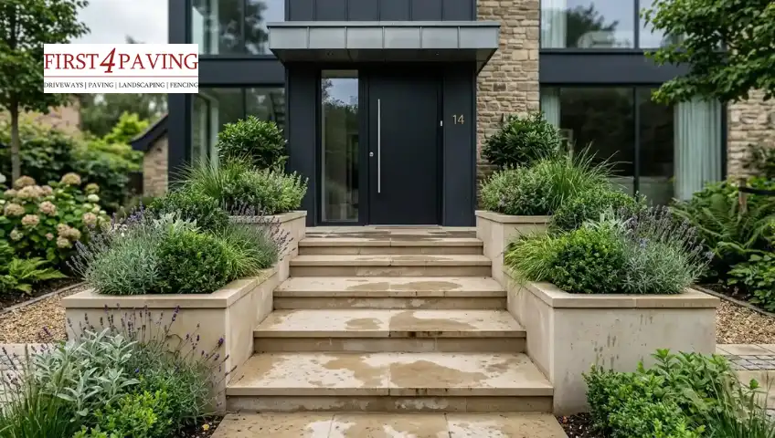 Modern front steps with built-in planters filled with greenery creating a fresh and elegant entrance 