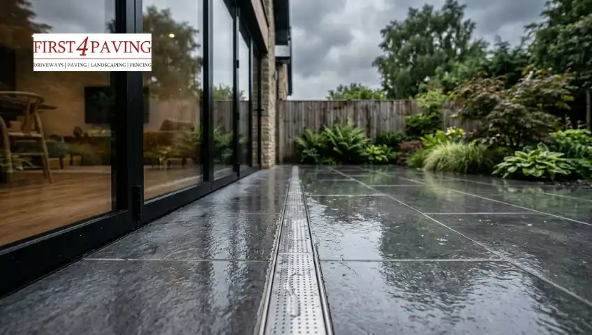 A modern linear drainage channel installed in a sleek, wet grey stone patio next to bi-fold doors.