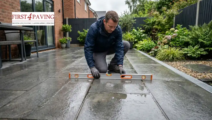 A landscaper using a spirit level on a wet stone patio to check the drainage slope and fall.
