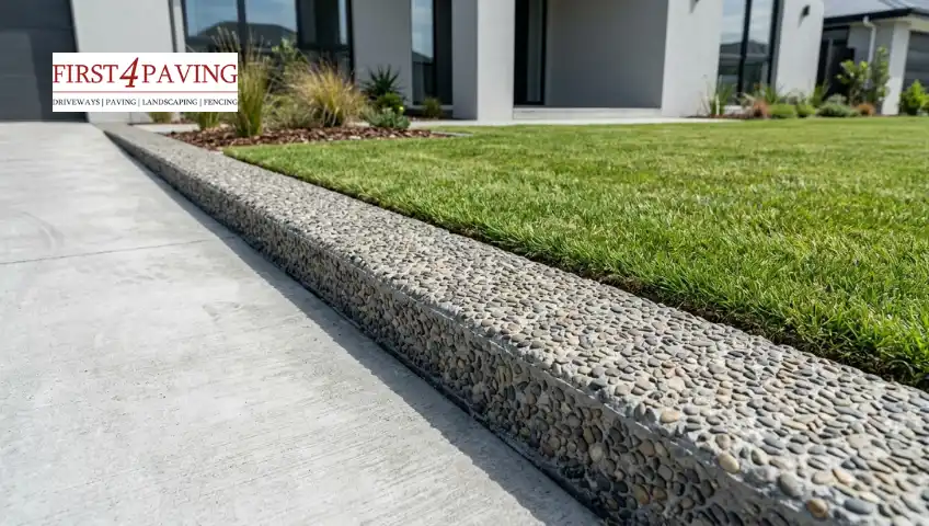 An exposed aggregate concrete edge separates a smooth concrete driveway from a neat green lawn in front of a modern house