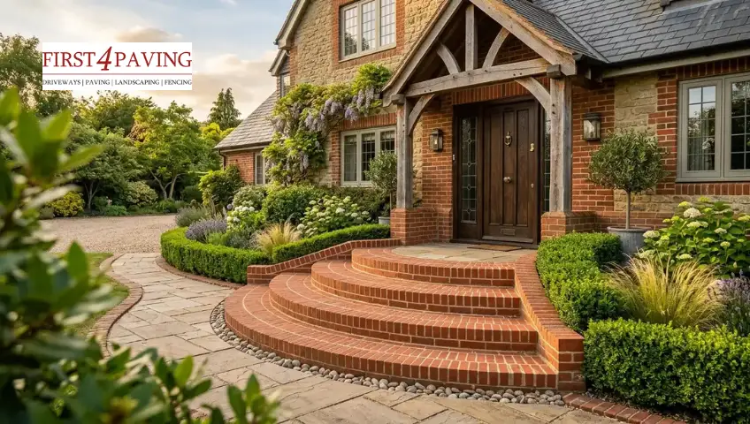 Curved brick semi-circular front steps creating a soft and welcoming entrance to a UK home 