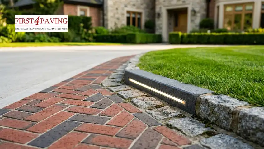 A herringbone brick driveway with cobblestone trim features an integrated stone curb light beside a green lawn