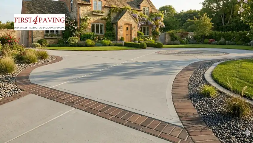 A smooth concrete driveway features a curved brick border that separates it from dark grey river stones and a neat green lawn in front of a traditional stone house
