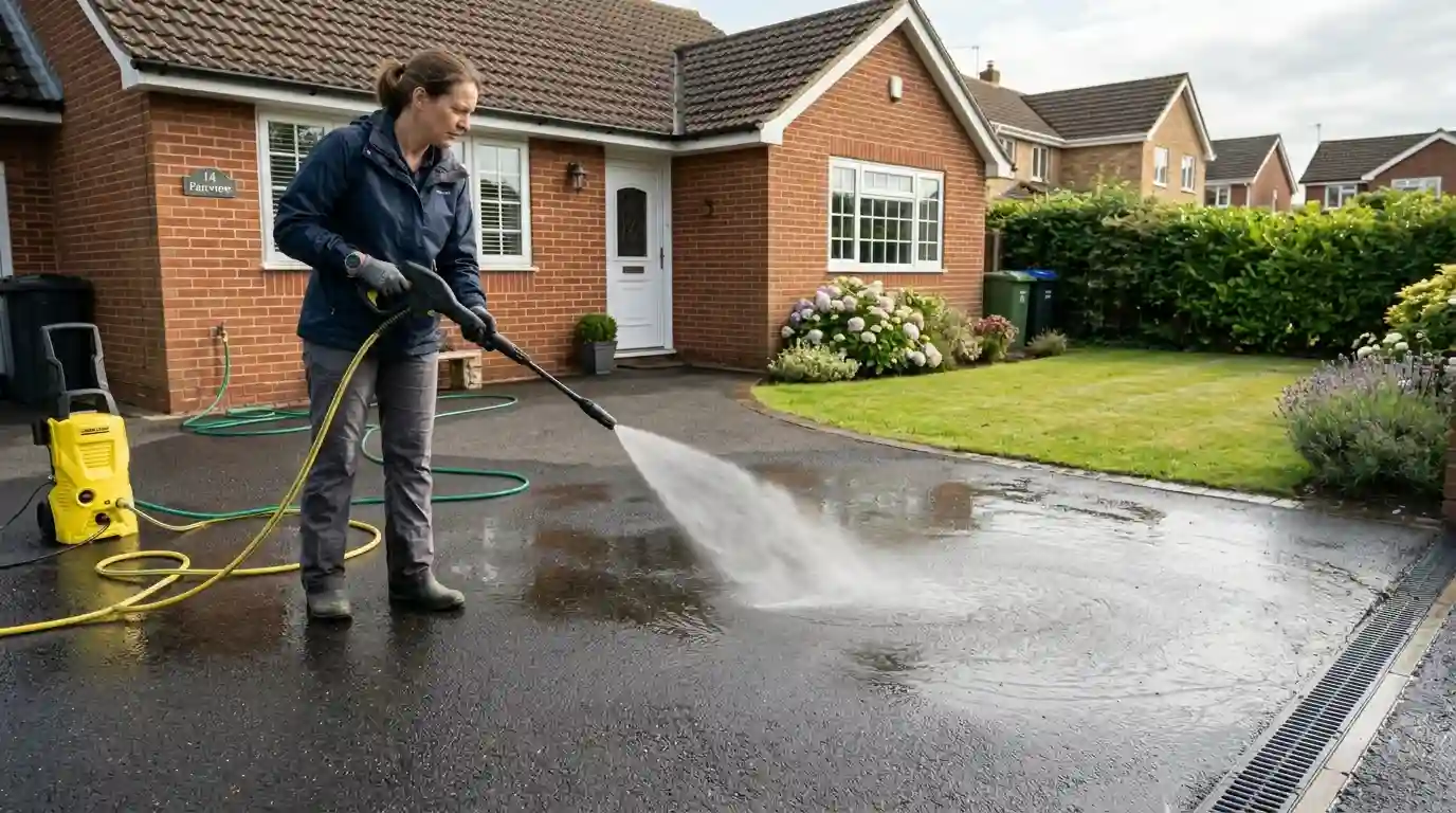 Person gently rinsing a tarmac driveway with a hose and low-pressure washer outside a UK home.