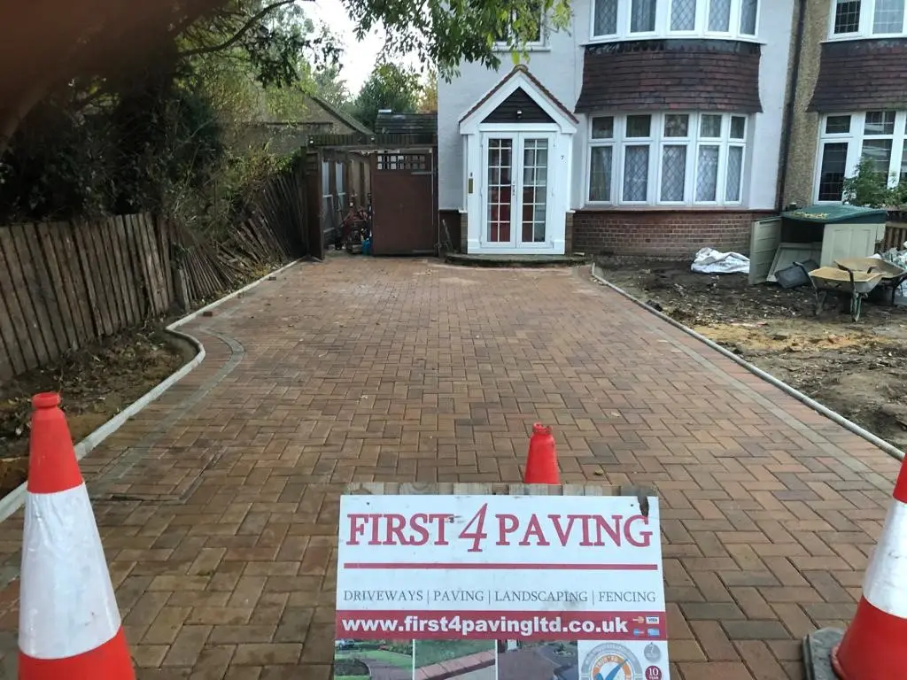 Driveways Contractors in Enfield herringbone block paving driveway project in front of a residential house