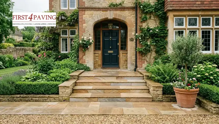 Elegant Indian sandstone front door steps with warm tones and natural texture in a UK home entrance 