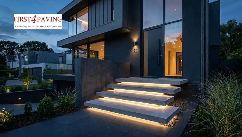 Modern floating concrete front steps with LED lighting, creating a stylish hovering effect at night 