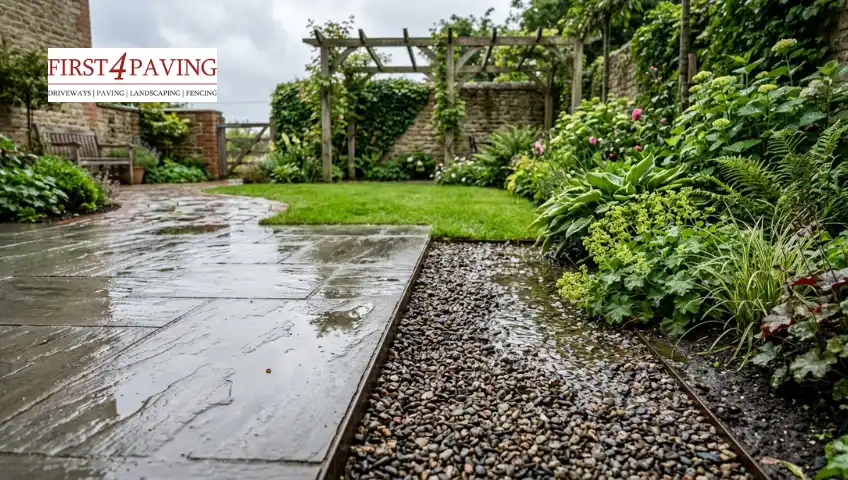 A gravel-filled French drain border collecting rainwater runoff next to a wet flagstone patio.