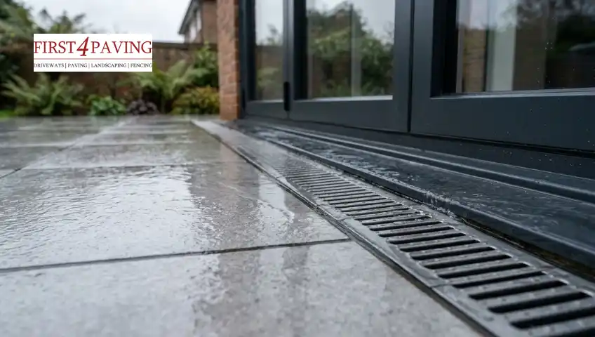 A close-up of a black threshold drainage channel installed flush against bi-fold doors on a wet grey patio