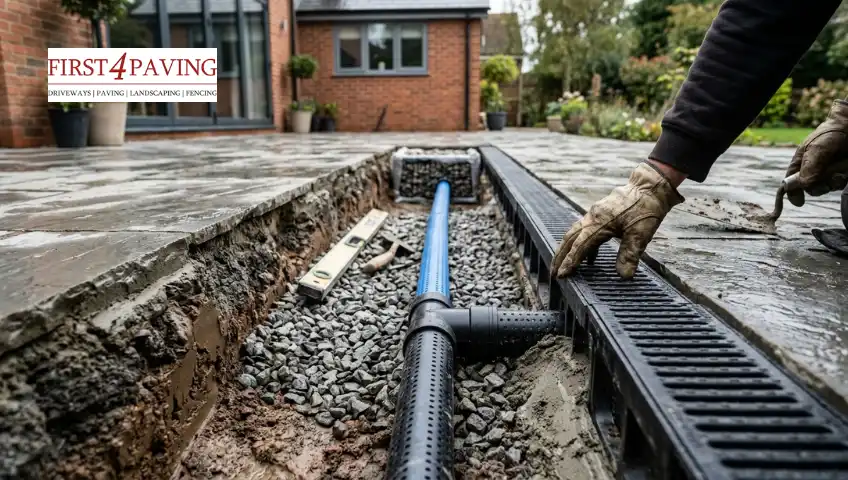 A landscaper installing an underground drainage pipe connected to a patio channel drain.