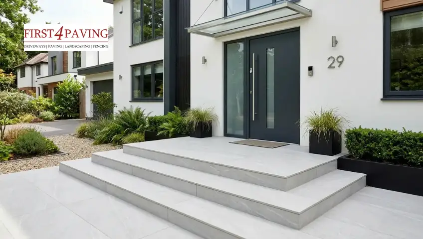 Large porcelain paving front door steps with sleek, minimal design and clean modern finish 