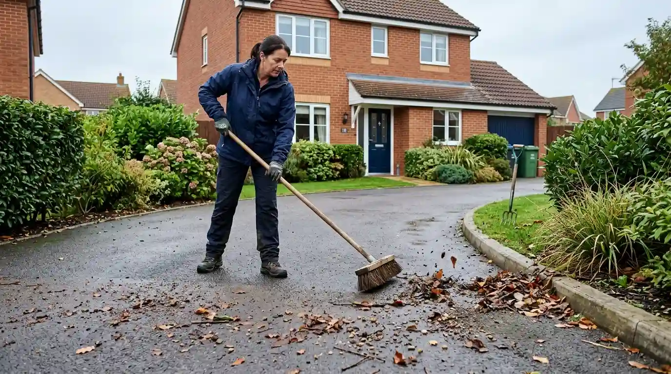 Person sweeping dirt and leaves from a tarmac driveway outside a UK home.