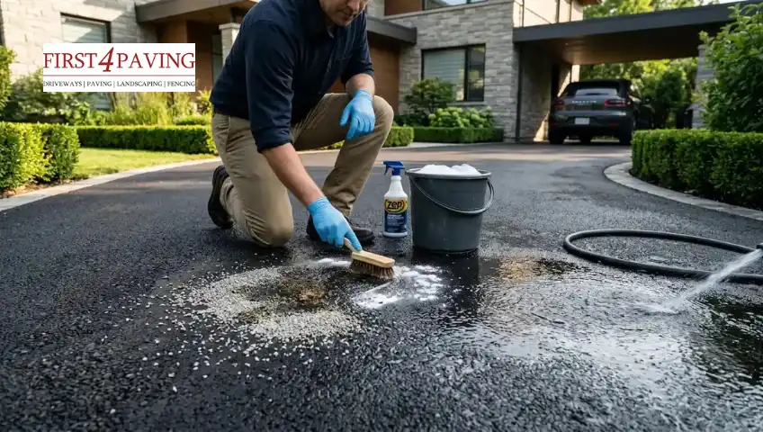 Oil stain being removed from tarmac driveway using cat litter and scrubbing with detergent for cleaning restoration 