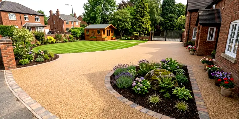 Modern backyard landscaping with a striped lawn, slatted wooden fence, children’s swing set, and garden shed