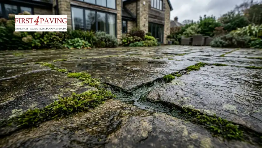 Green moss and algae growing between wet stone patio flags in front of a modern stone house.
