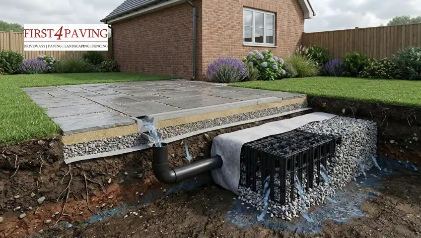Cross-section diagram of a patio drainage system showing runoff water flowing into an underground soakaway crate