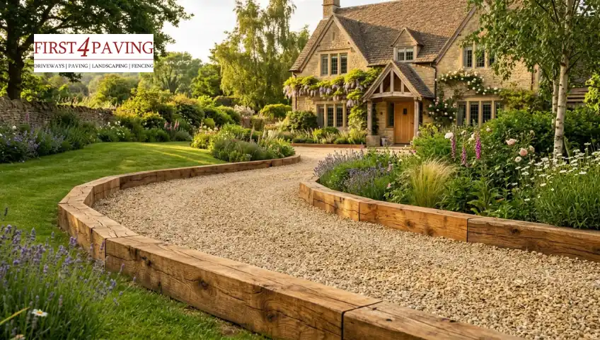 A curved gravel path edged with wooden beams snakes through blooming gardens up to a historic stone cottage