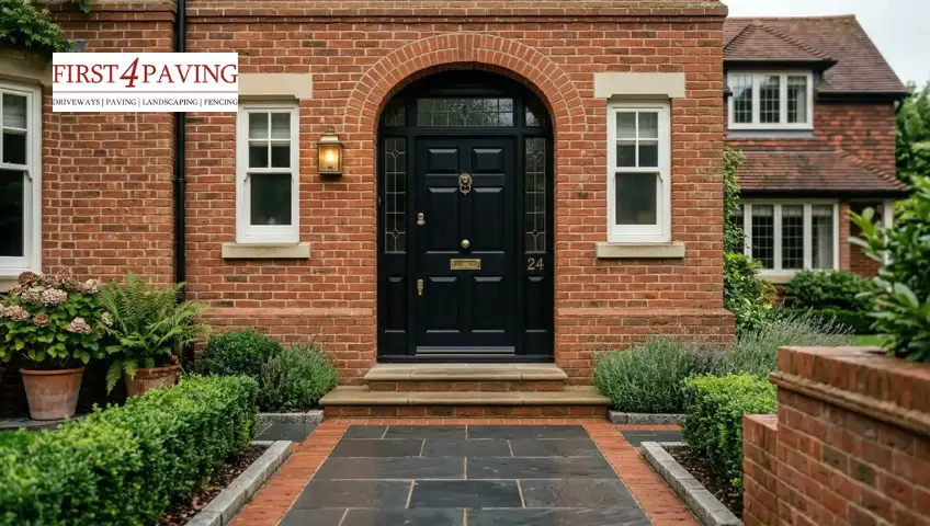  Traditional red brick front steps of a UK home with warm and welcoming entrance 