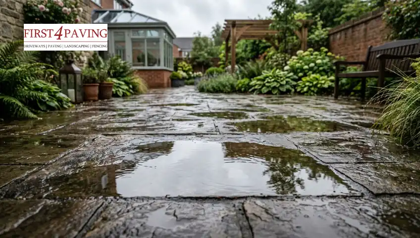 A wet stone patio with large puddles reflecting a cloudy sky, surrounded by lush green plants.