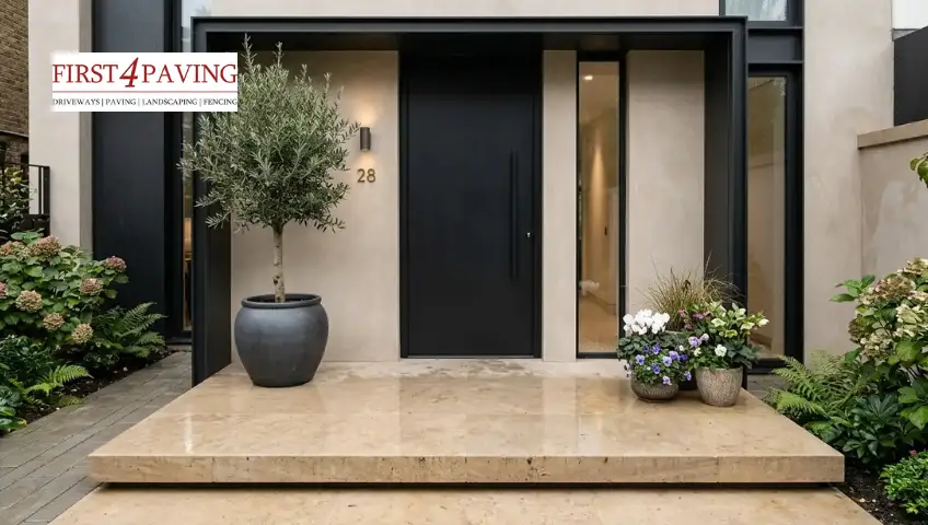Wide single front door step platform creating a spacious and practical entrance for a small UK home 