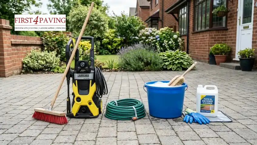  Driveway cleaning tools neatly arranged, including broom, hose, brush, and pressure washer for tarmac cleaning preparation 