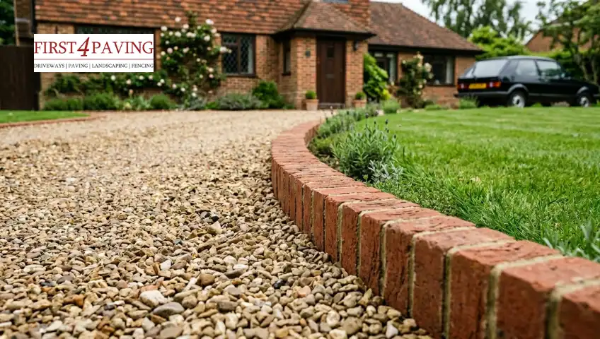 Brick edging along a gravel driveway in a UK home creating a clean border.