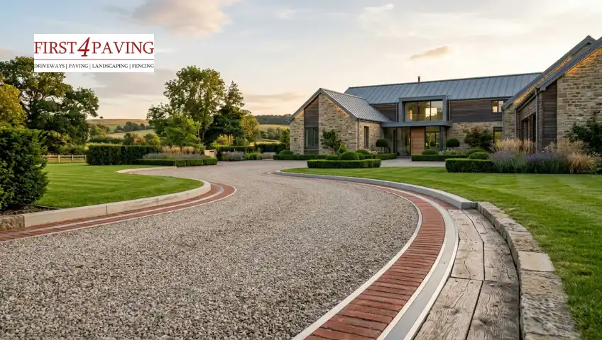 A winding gravel driveway featuring a red brick border leads toward a large, modern stone estate at sunset