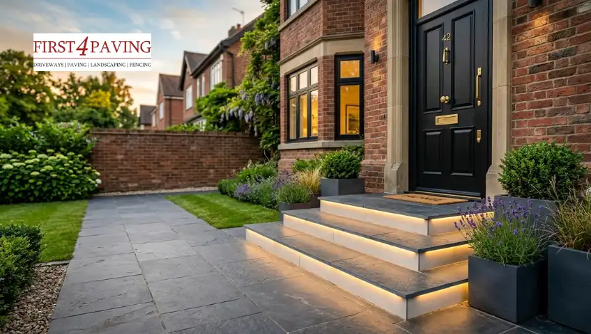 Luxury modern front door steps with LED lighting and landscaped UK home entrance