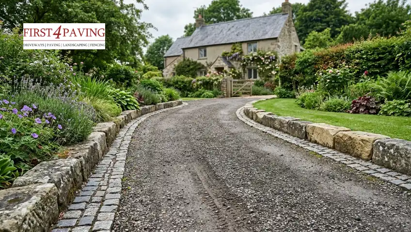 A gravel driveway lined with cobblestone borders curves toward a charming stone cottage with lush gardens.