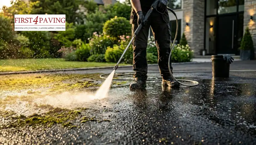 Cleaning tarmac driveway with brush and water showing surface detail.