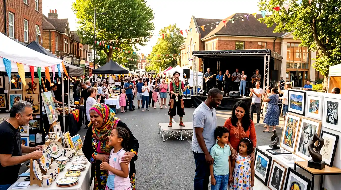 A vibrant outdoor community festival in Enfield featuring local art stalls, live music performances, street entertainers, and families enjoying the event.
