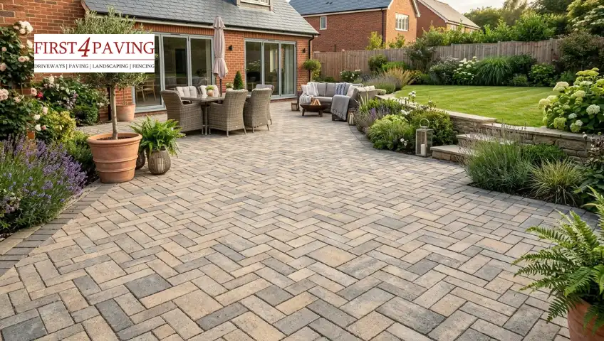Block paving patio with herringbone pattern design