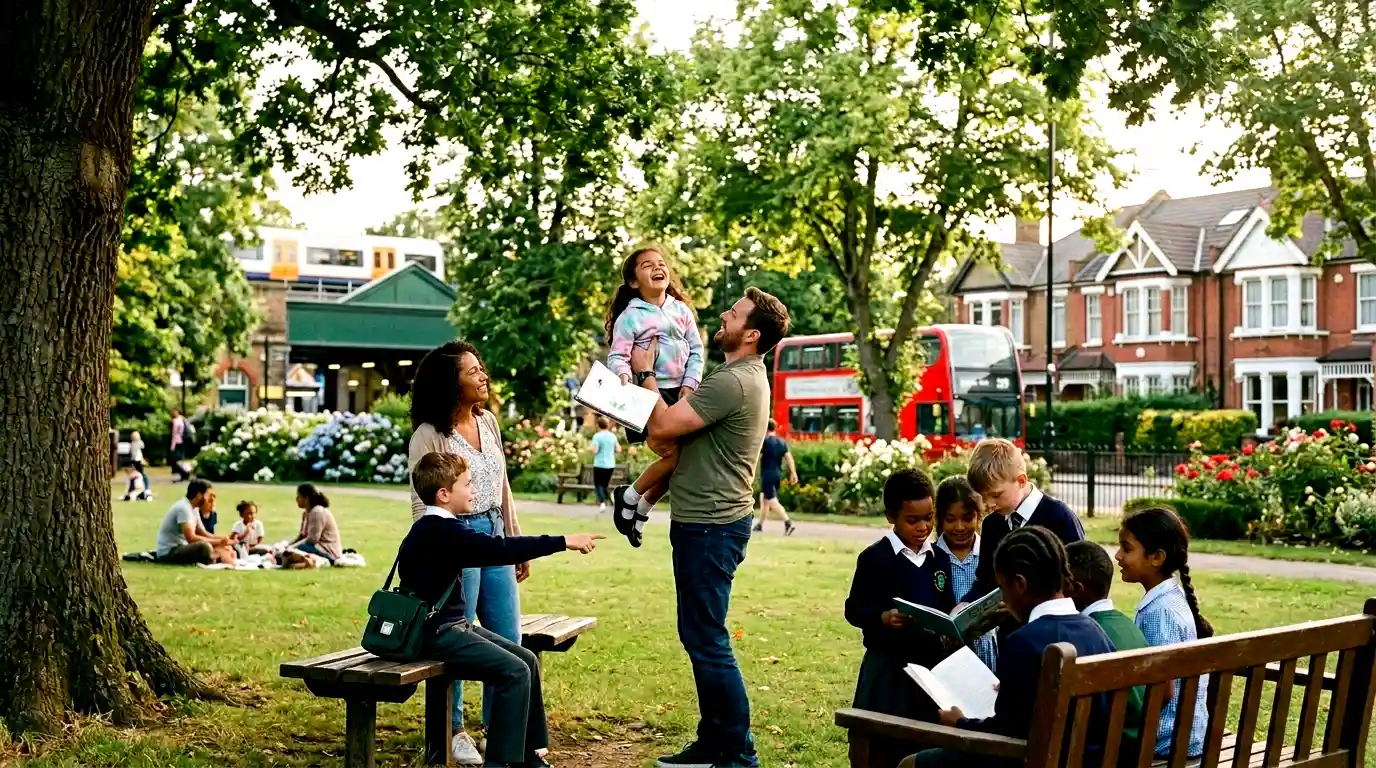 Families and schoolchildren enjoying a community park in Enfield.
