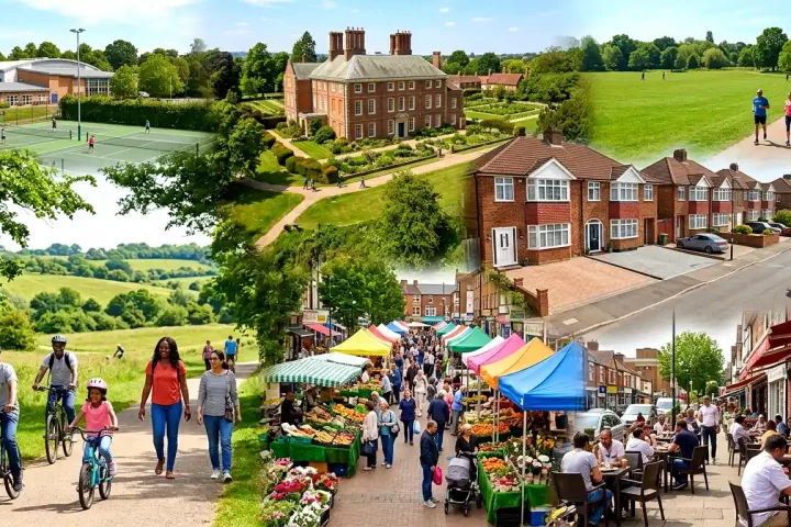 Collage showcasing attractions and lifestyle in Enfield, featuring tennis courts, a historic manor house with landscaped gardens, a large green park with walkers and runners, suburban residential streets, cyclists and families enjoying countryside trails, a bustling outdoor market, and people dining at cafés along a lively high street.