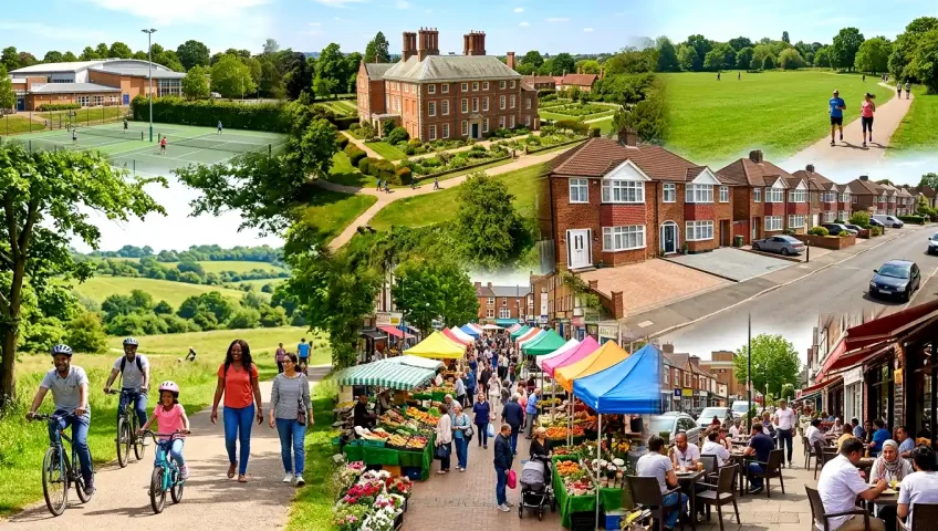 Collage showcasing attractions and lifestyle in Enfield, featuring tennis courts, a historic manor house with landscaped gardens, a large green park with walkers and runners, suburban residential streets, cyclists and families enjoying countryside trails, a bustling outdoor market, and people dining at cafés along a lively high street.
