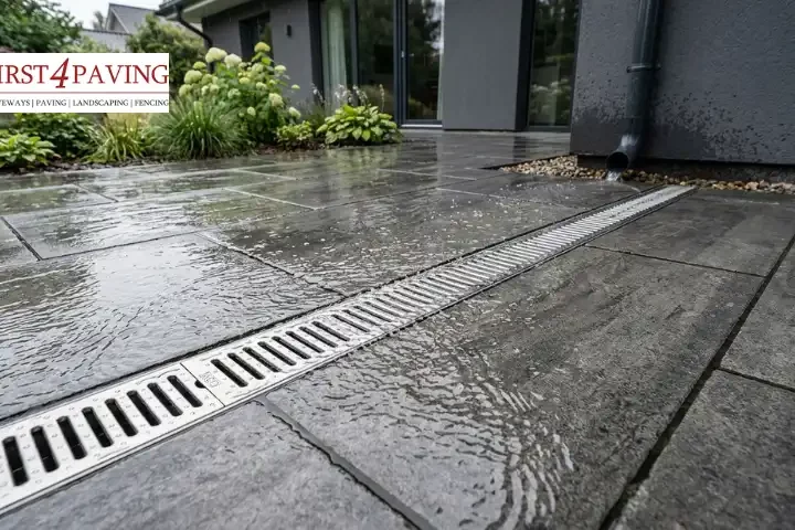 Patio drainage channel with gravel border in a wet UK garden