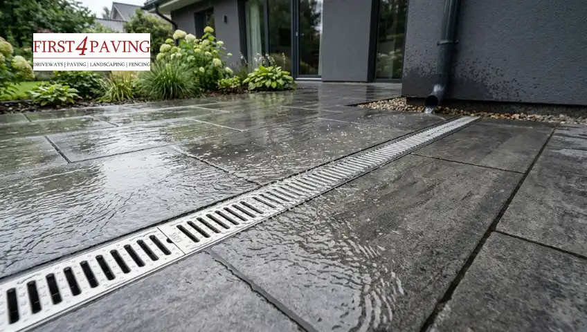 Patio drainage channel with gravel border in a wet UK garden