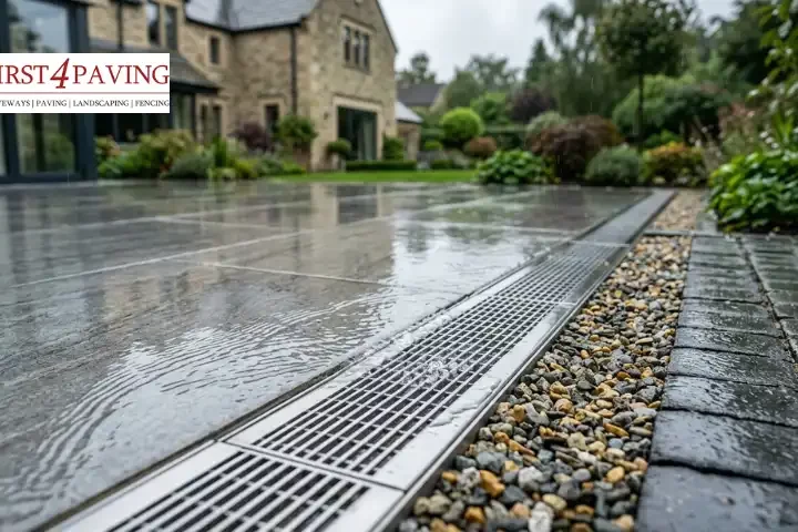 Patio drainage channel with gravel border in a wet UK garden