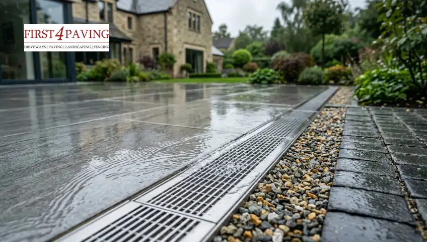 Patio drainage channel with gravel border in a wet UK garden