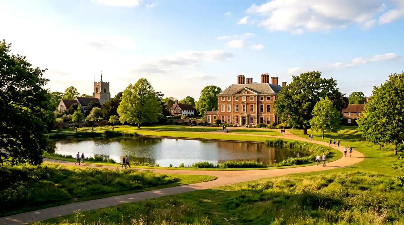 A historic manor house overlooking a peaceful lake in Enfield, surrounded by green parkland, mature trees, and walking paths on a sunny day.