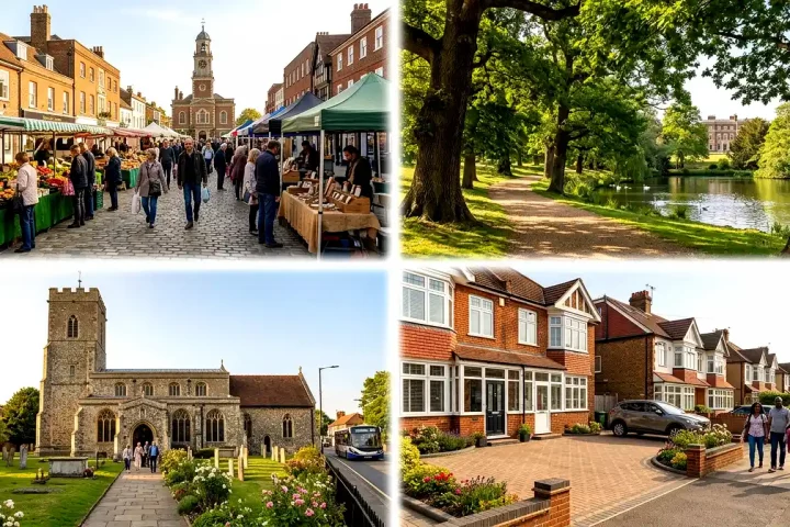 Collage of Enfield featuring the historic market, a scenic park, St Andrew's Church, and family homes, highlighting the area's heritage, green spaces, and community life.