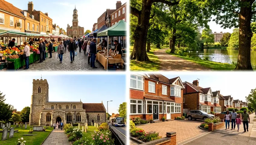 Collage of Enfield featuring the historic market, a scenic park, St Andrew's Church, and family homes, highlighting the area's heritage, green spaces, and community life.