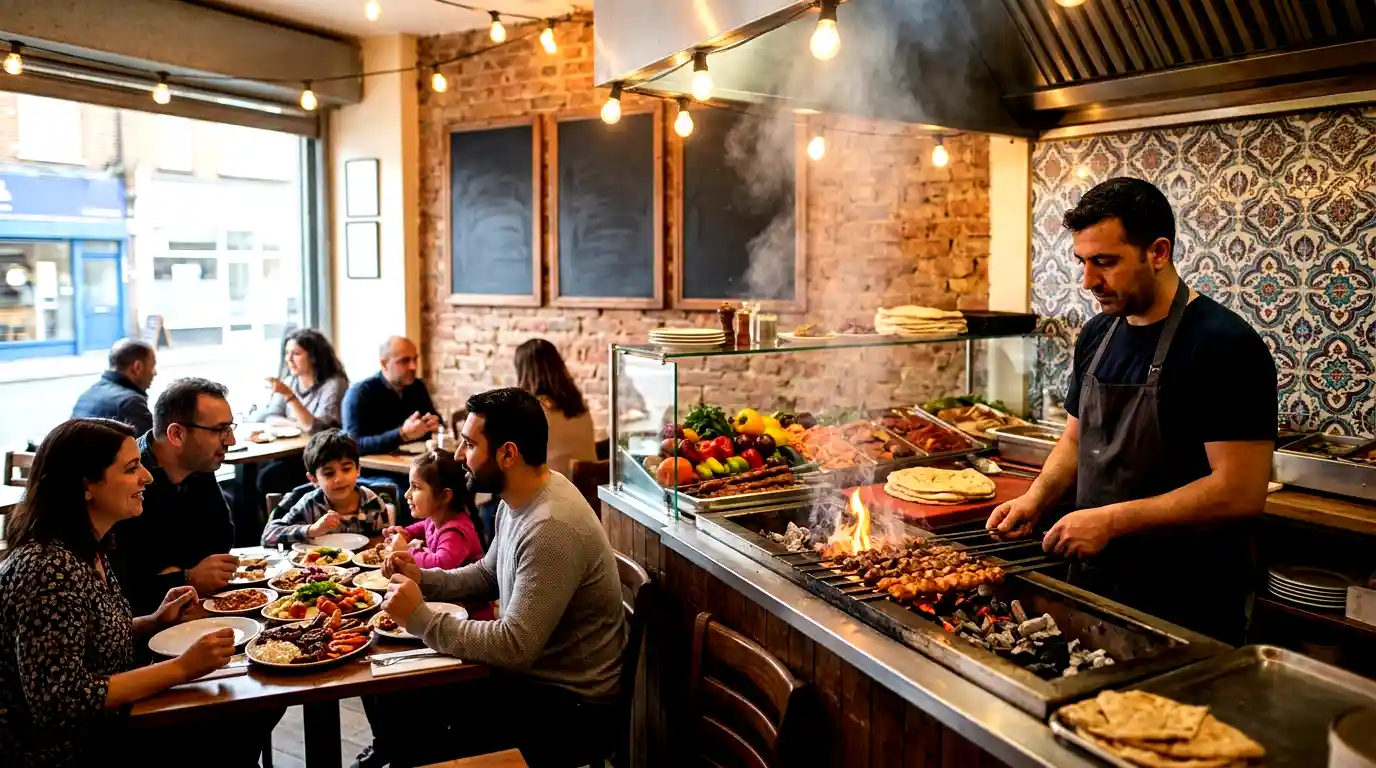 A busy restaurant in Enfield with families enjoying meals while a chef grills fresh food over an open flame in a warm and welcoming dining space.
