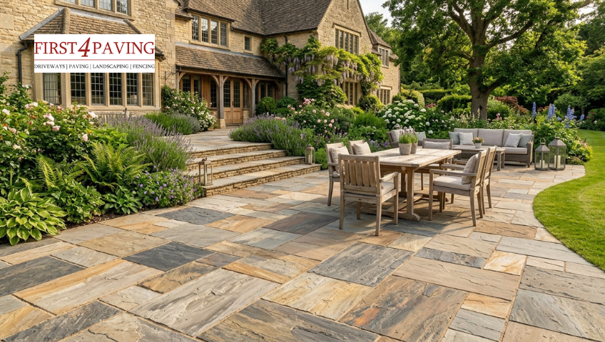 Natural stone patio with premium garden paving