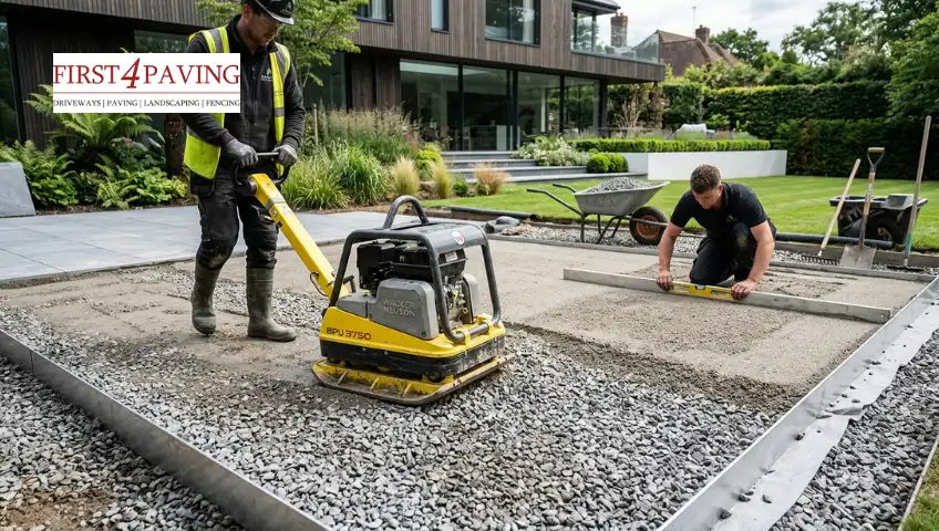 Preparing a patio sub-base with crushed stone for drainage