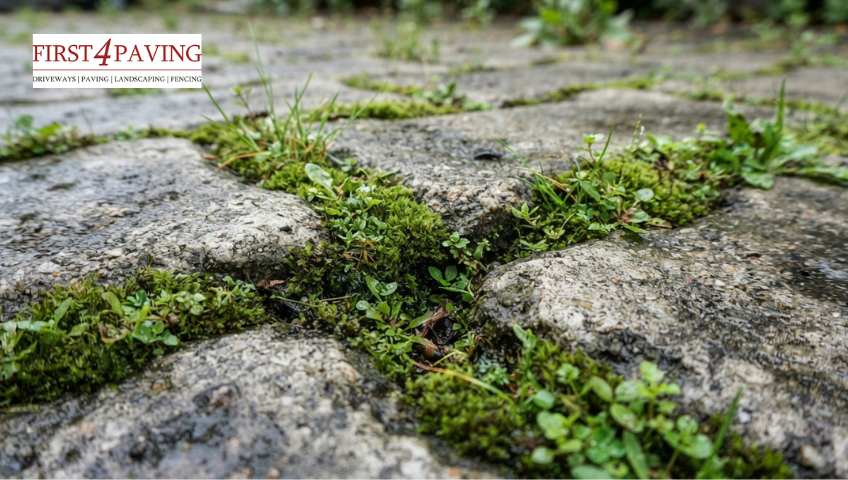 Moss and Weeds Grow in Block Paving